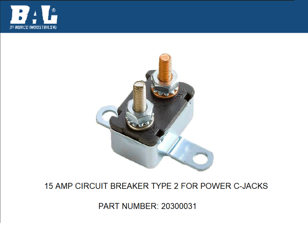 20300031 15 AMP CIRCUIT BREAKER TYPE 2 FOR POWER C JACKS BAL RV Products